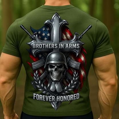 Brothers in Arms Veteran T-Shirt | Military Skull Cross American Flag Shirt