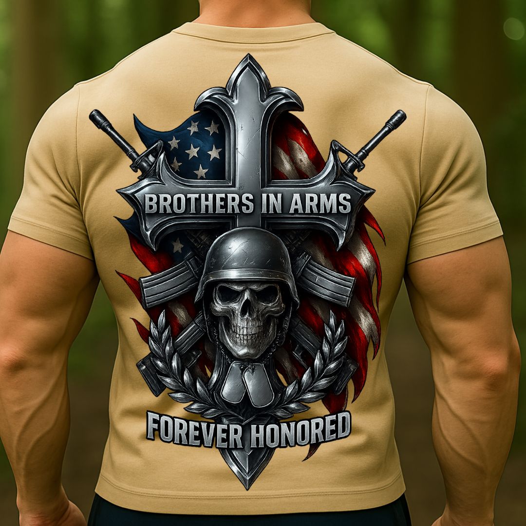 Brothers in Arms Veteran T-Shirt | Military Skull Cross American Flag Shirt