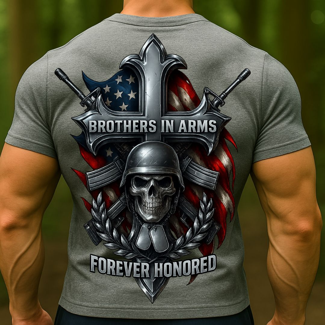 Brothers in Arms Veteran T-Shirt | Military Skull Cross American Flag Shirt
