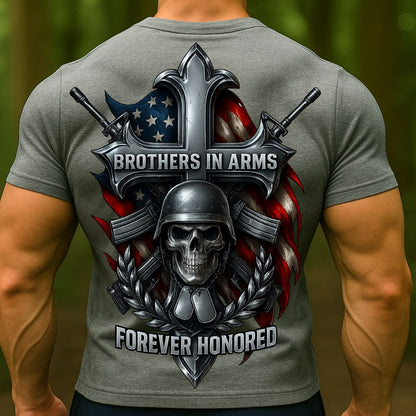Brothers in Arms Veteran T-Shirt | Military Skull Cross American Flag Shirt