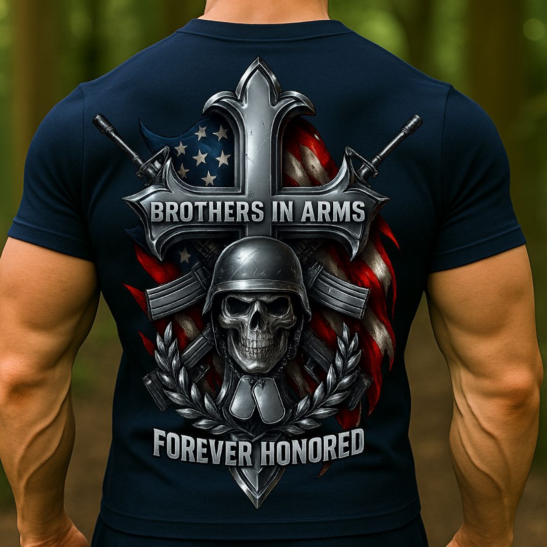 Brothers in Arms Veteran T-Shirt | Military Skull Cross American Flag Shirt