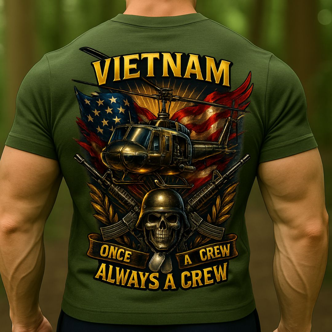 Vietnam Veteran T-Shirt | Once a Crew Always a Crew Military Helicopter Skull Shirt