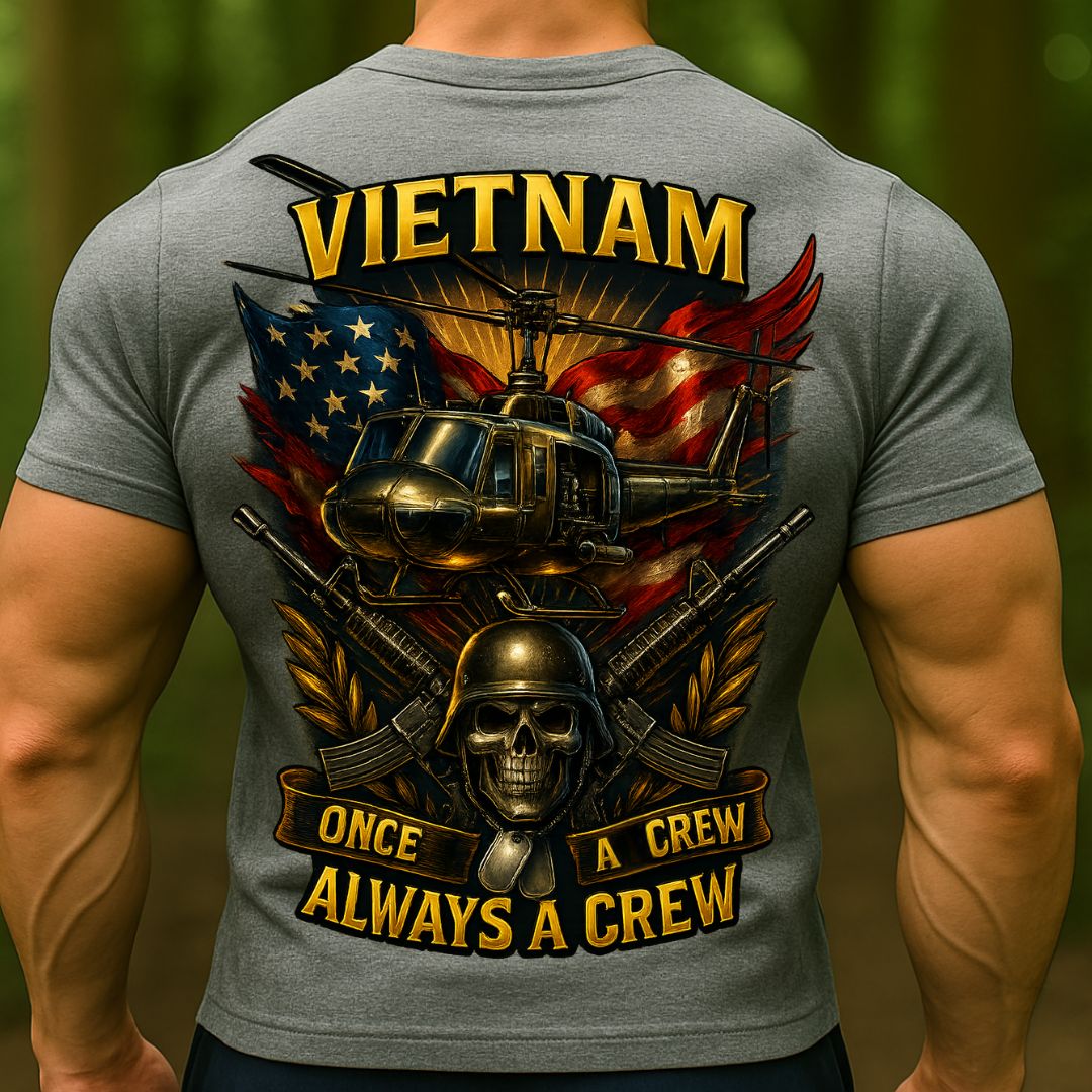 Vietnam Veteran T-Shirt | Once a Crew Always a Crew Military Helicopter Skull Shirt