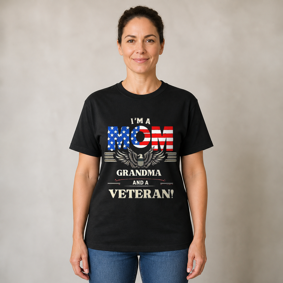 Proud Mom Grandma and Veteran T-Shirt, Patriotic American Flag Eagle Tee for Women