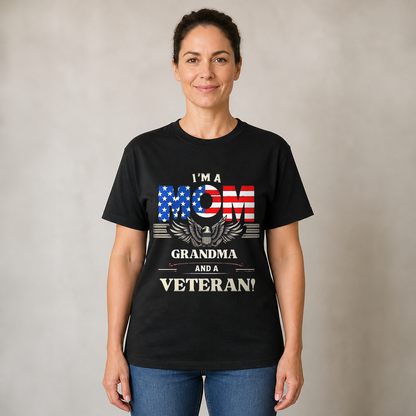 Proud Mom Grandma and Veteran T-Shirt, Patriotic American Flag Eagle Tee for Women