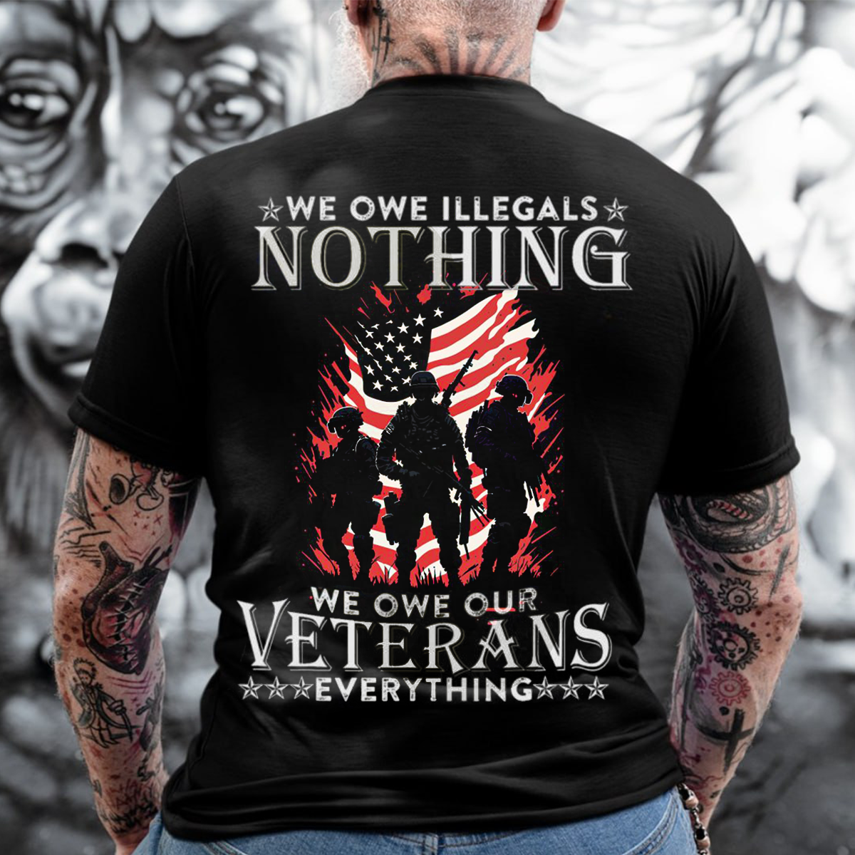 USA Flag Veteran T-shirt – 'We Owe Our Veterans Everything' – Military Tribute Shirt