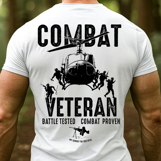 Combat Veteran Graphic T-Shirt for Men – Helicopter & Soldiers Design with “Battle Tested • Combat Proven” – Soft Short-Sleeve Crewneck – Patriotic Gift for Dad & Grandpa – Father’s Day & Veterans Day