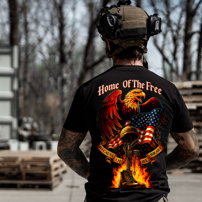 Patriotic Eagle American Flag Memorial T-Shirt – “Home of The Free Because of The Brave” – Military Veteran Tribute Gift for Dad, Grandpa, Father’s Day, Veterans Day, Memorial Day