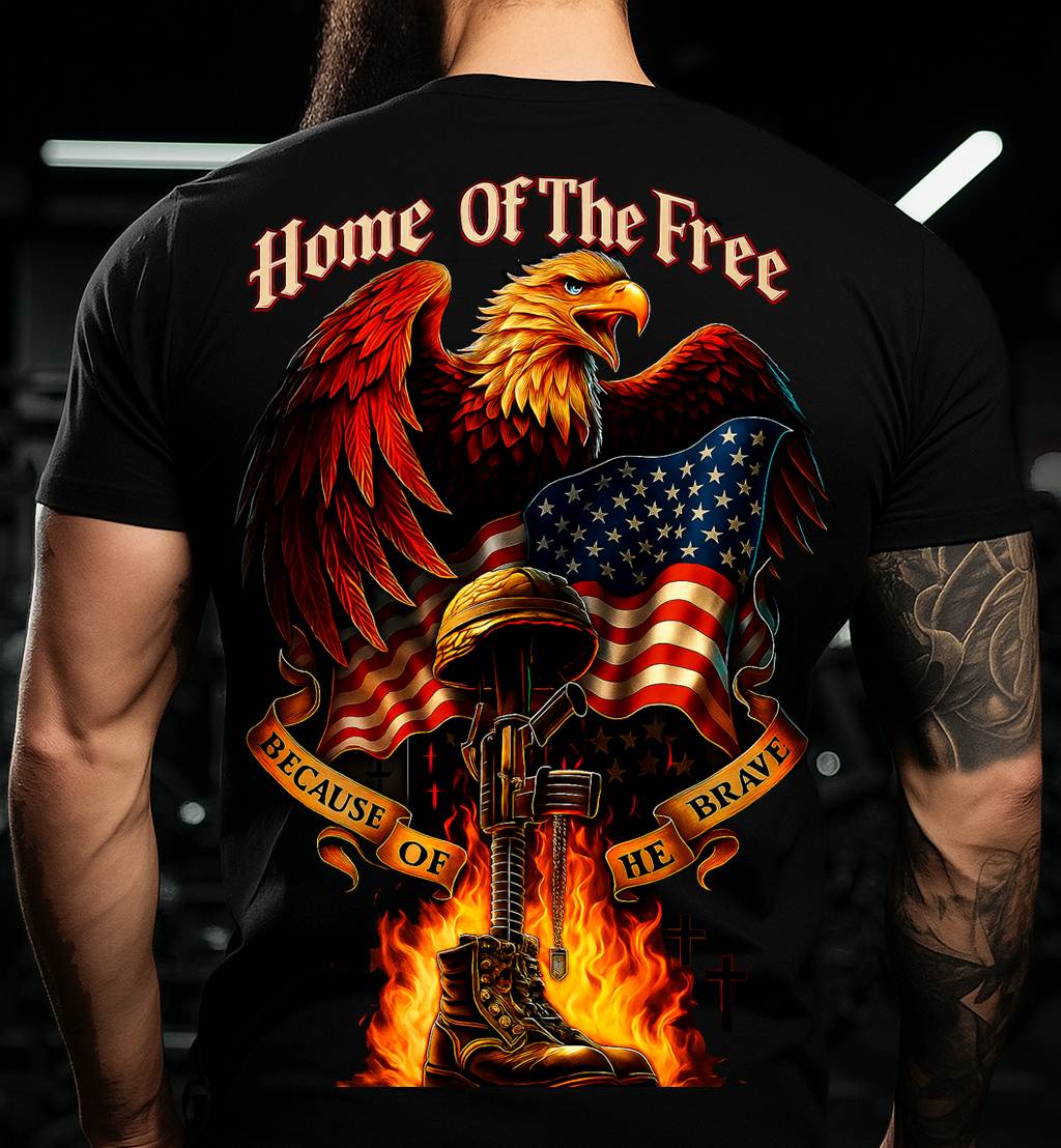 Patriotic Eagle American Flag Memorial T-Shirt – “Home of The Free Because of The Brave” – Military Veteran Tribute Gift for Dad, Grandpa, Father’s Day, Veterans Day, Memorial Day