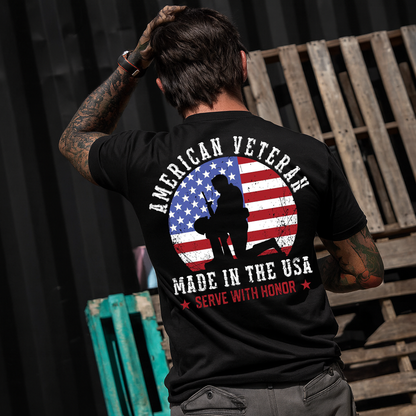 American Veteran T-Shirt for Men - Proudly Made in USA, Serve with Honor. Perfect Gift for a Veteran Dad or Grandpa.