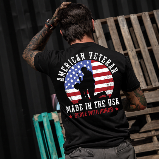 American Veteran T-Shirt for Men - Proudly Made in USA, Serve with Honor. Perfect Gift for a Veteran Dad or Grandpa.