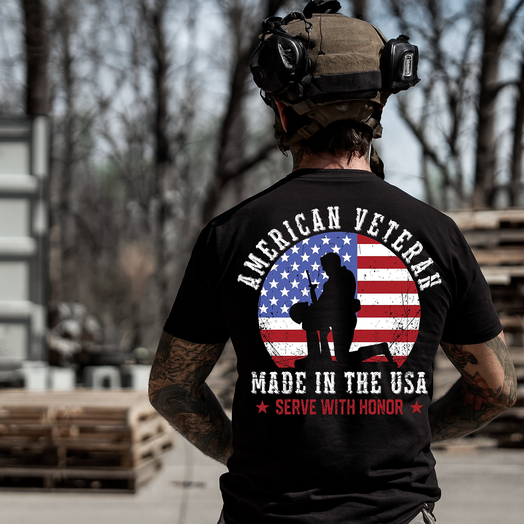 American Veteran T-Shirt for Men - Proudly Made in USA, Serve with Honor. Perfect Gift for a Veteran Dad or Grandpa.
