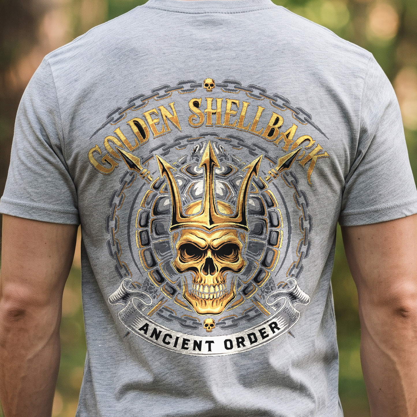 "Golden Shellback - Ancient Order" T-Shirt – Navy Tradition Skull Anchor Gift for Veterans Day