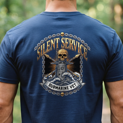 "Silent Service - Submarine Vet" T-Shirt – Navy Tradition Skull Anchor Gift for Veterans Day