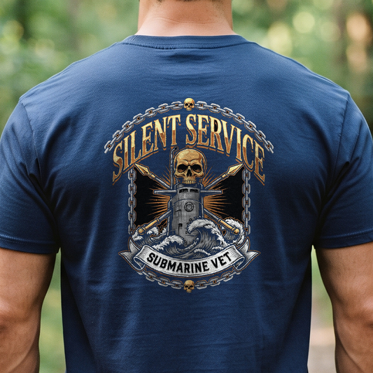 "Silent Service - Submarine Vet" T-Shirt – Navy Tradition Skull Anchor Gift for Veterans Day