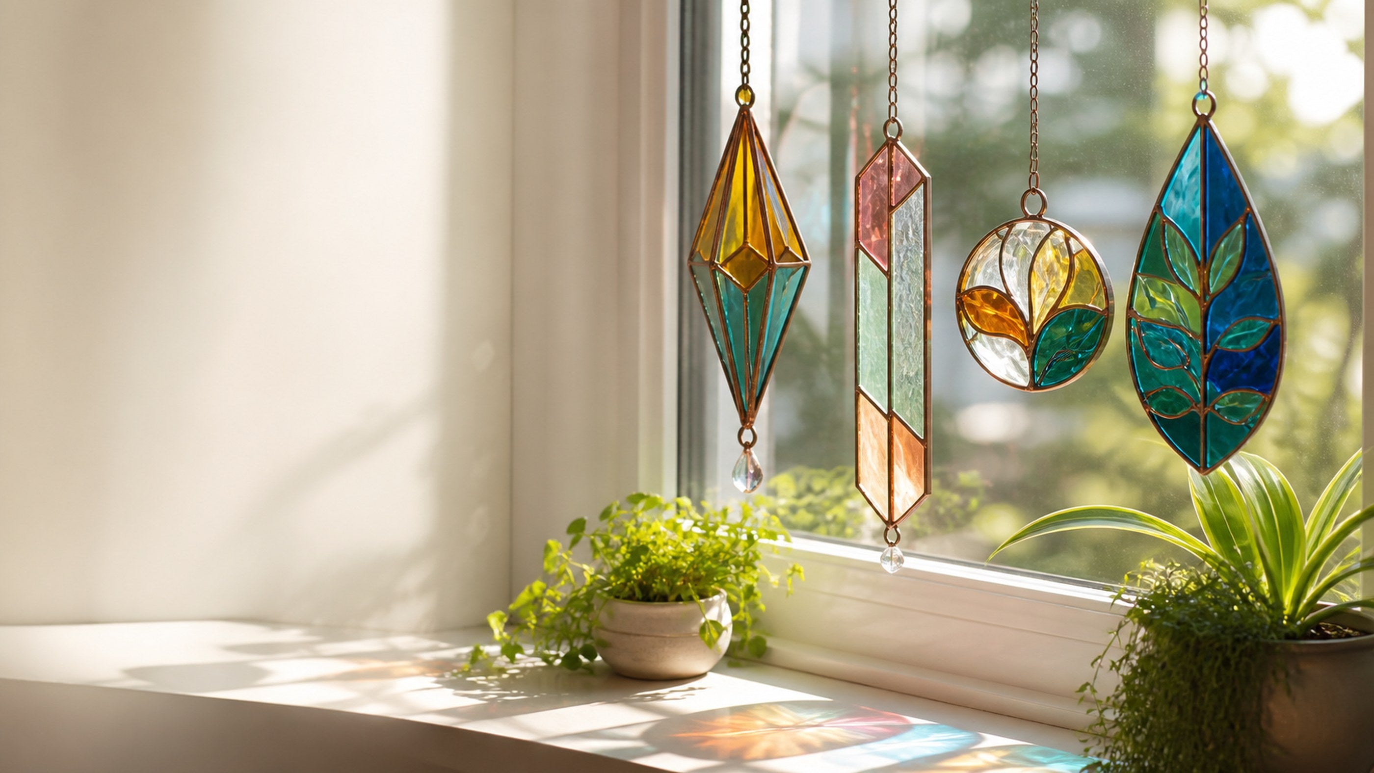 Personalized stained glass suncatchers and ornaments hanging in a sunny window