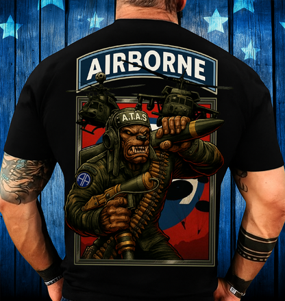 Airborne Military Tribute T-Shirt • Veteran Graphic Tee with Helicopters and Warrior Design • Patriotic Gift for Dad and Grandpa