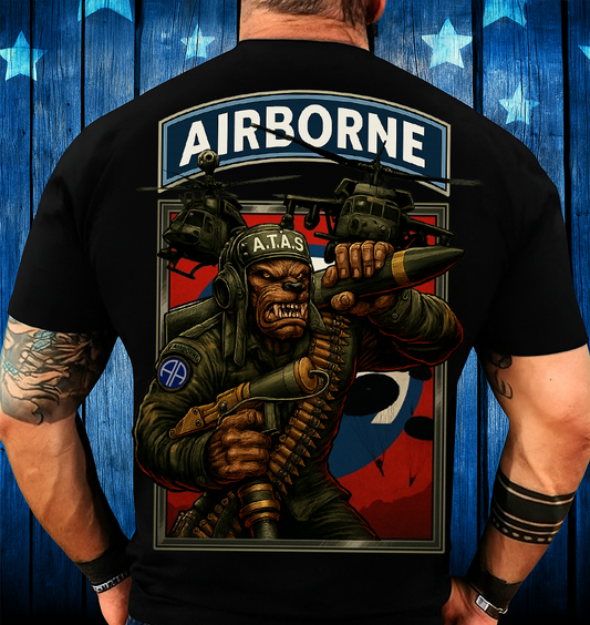 Airborne Military Tribute T-Shirt • Veteran Graphic Tee with Helicopters and Warrior Design • Patriotic Gift for Dad and Grandpa