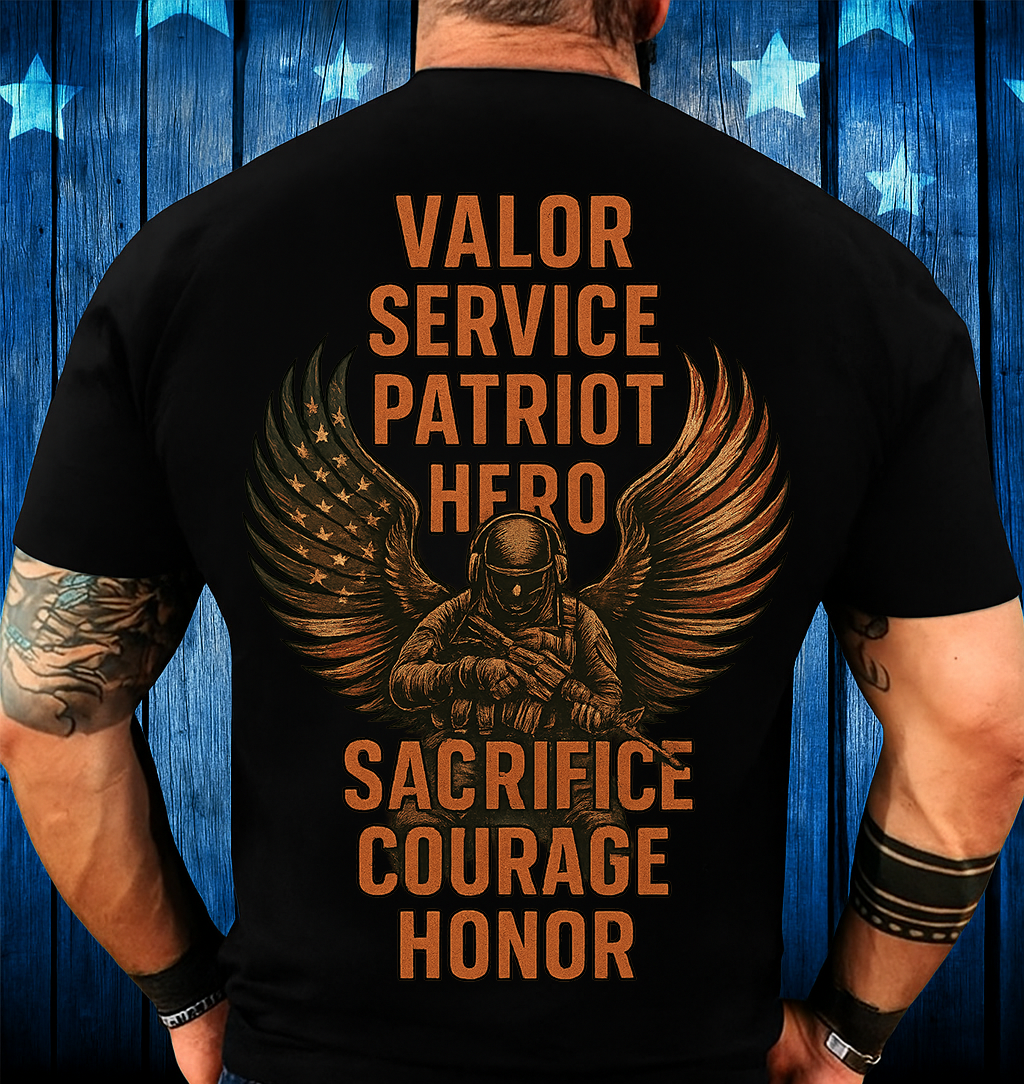 Patriot Veteran Honor T-Shirt – Military Graphic Tee with Valor Service Sacrifice Courage, Gift for Dad or Men