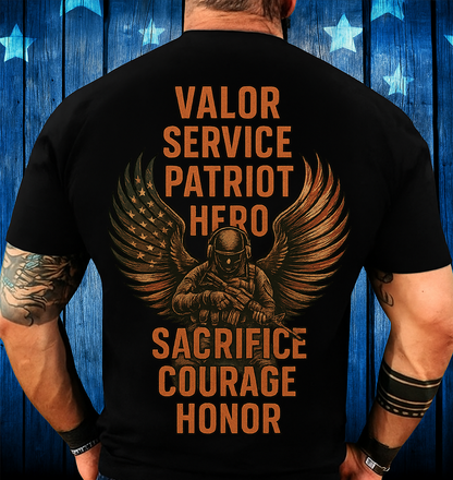 Patriot Veteran Honor T-Shirt – Military Graphic Tee with Valor Service Sacrifice Courage, Gift for Dad or Men