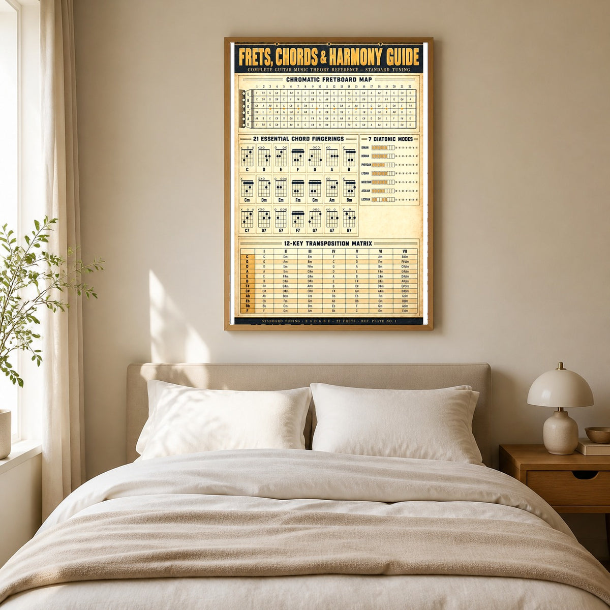 Guitar Theory Reference Chart Poster, Frets Chords and Harmony Guide