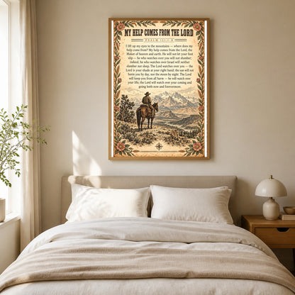 Western Scripture Poster, Psalm 121 Cowboy Mountain Art