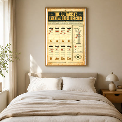 Vintage Guitar Chord Directory Poster, Acoustic Music Reference Wall Art