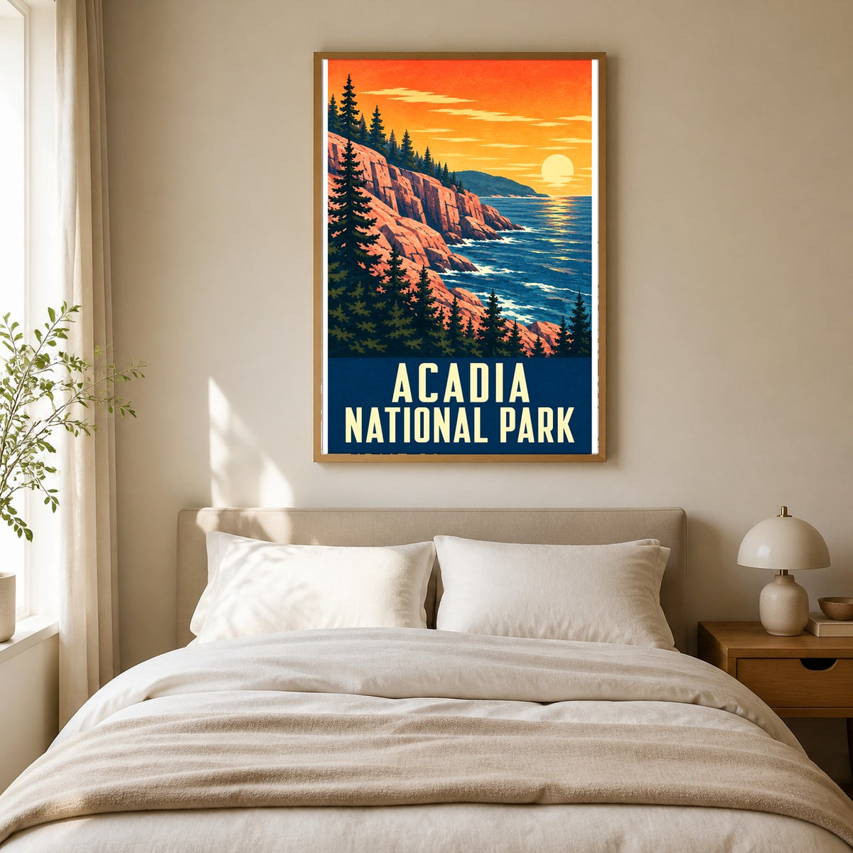 Acadia National Park Vintage Travel Art Poster, Maine Coastal Print