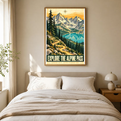 Alpine Pass Vintage Travel Poster, Mountain Landscape Art