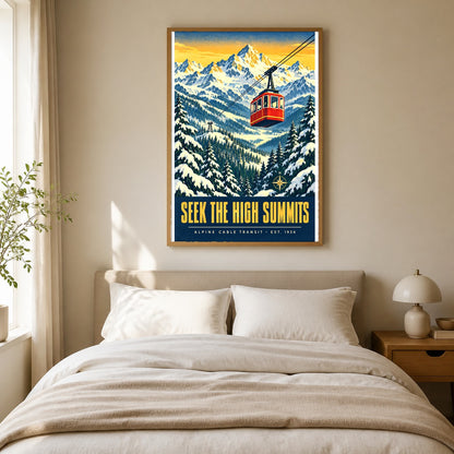 Alpine Tramway Winter Vista Art Poster, Seek the High Summits