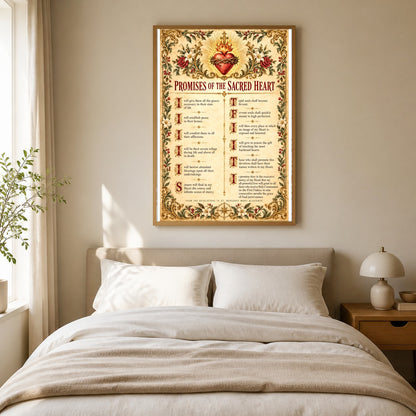 Sacred Heart Twelve Promises Broadside Poster, Catholic Devotional Art