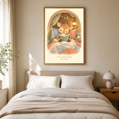 Little Fawn Reader Nursery Wall Poster, Bedtime Story Art Print