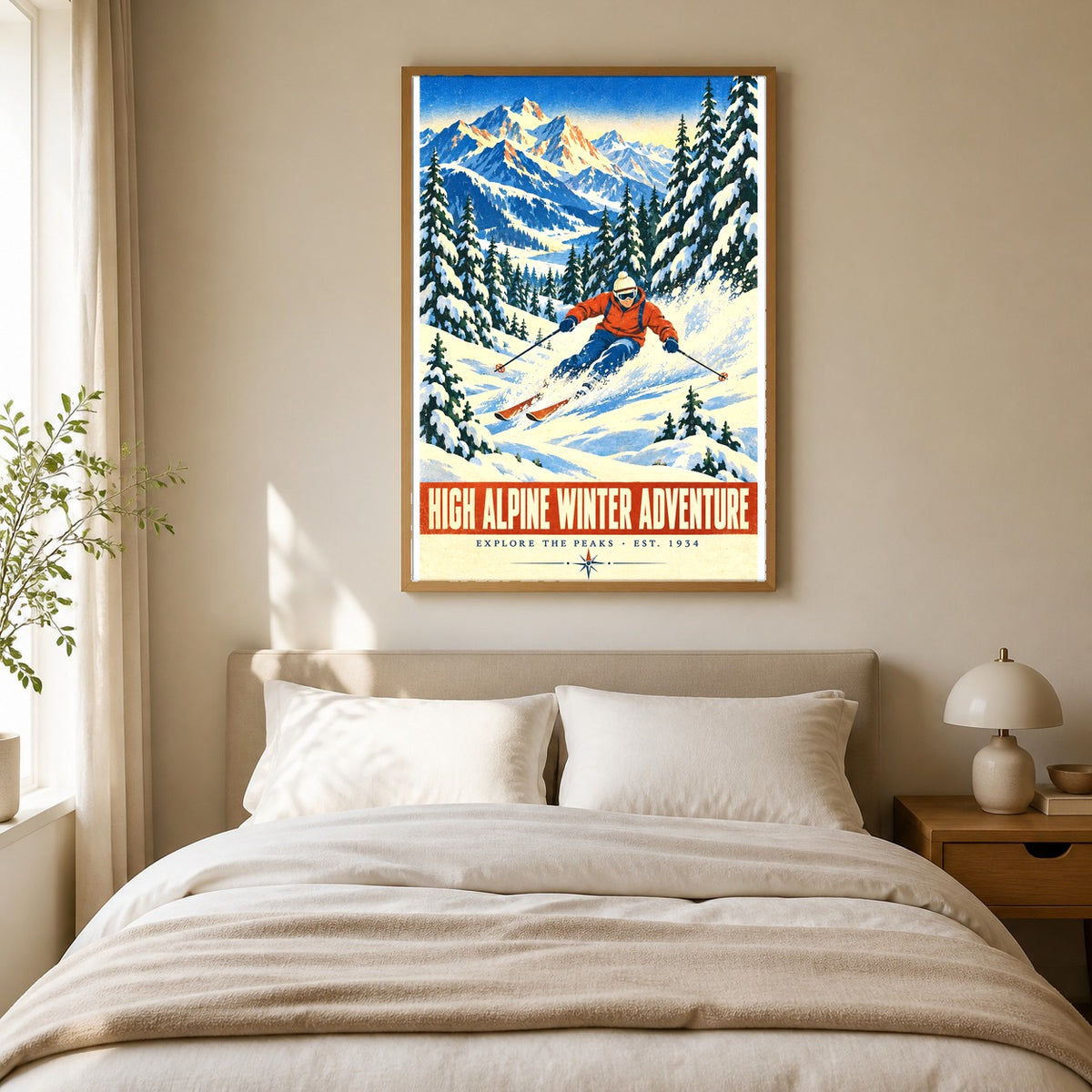 High Alpine Winter Adventure Poster, Vintage Downhill Skier Art
