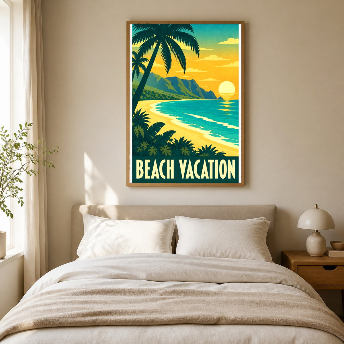 Beach Vacation Vintage Travel Poster, Retro Tropical Wall Art