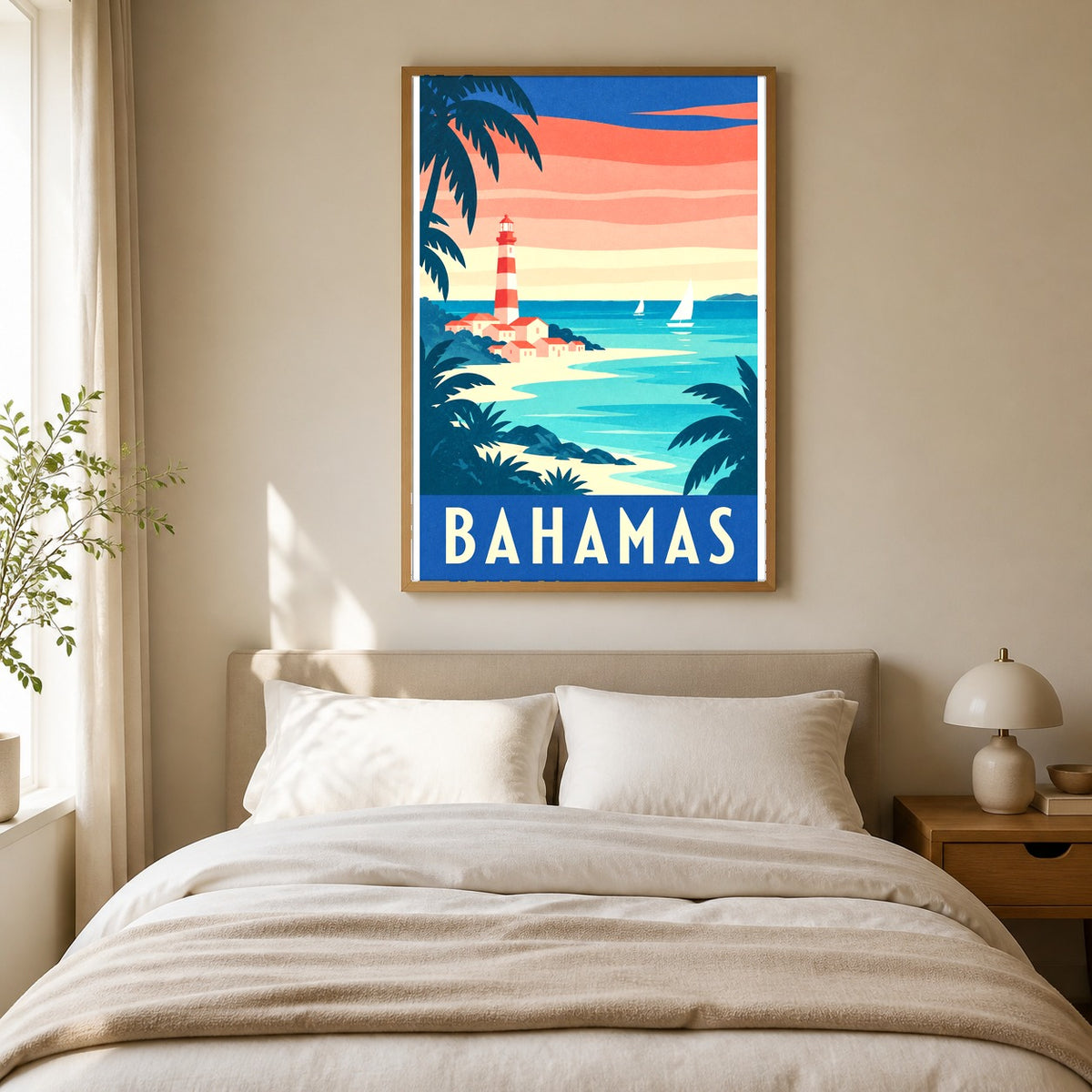 Bahamas Travel Poster, Retro Coastal Lighthouse Beach Art Print