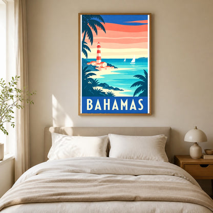 Bahamas Travel Poster, Retro Coastal Lighthouse Beach Art Print