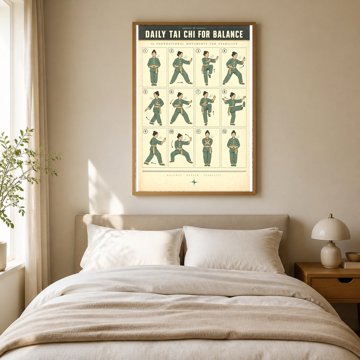 Daily Tai Chi for Balance Art Poster, Senior Exercise Chart