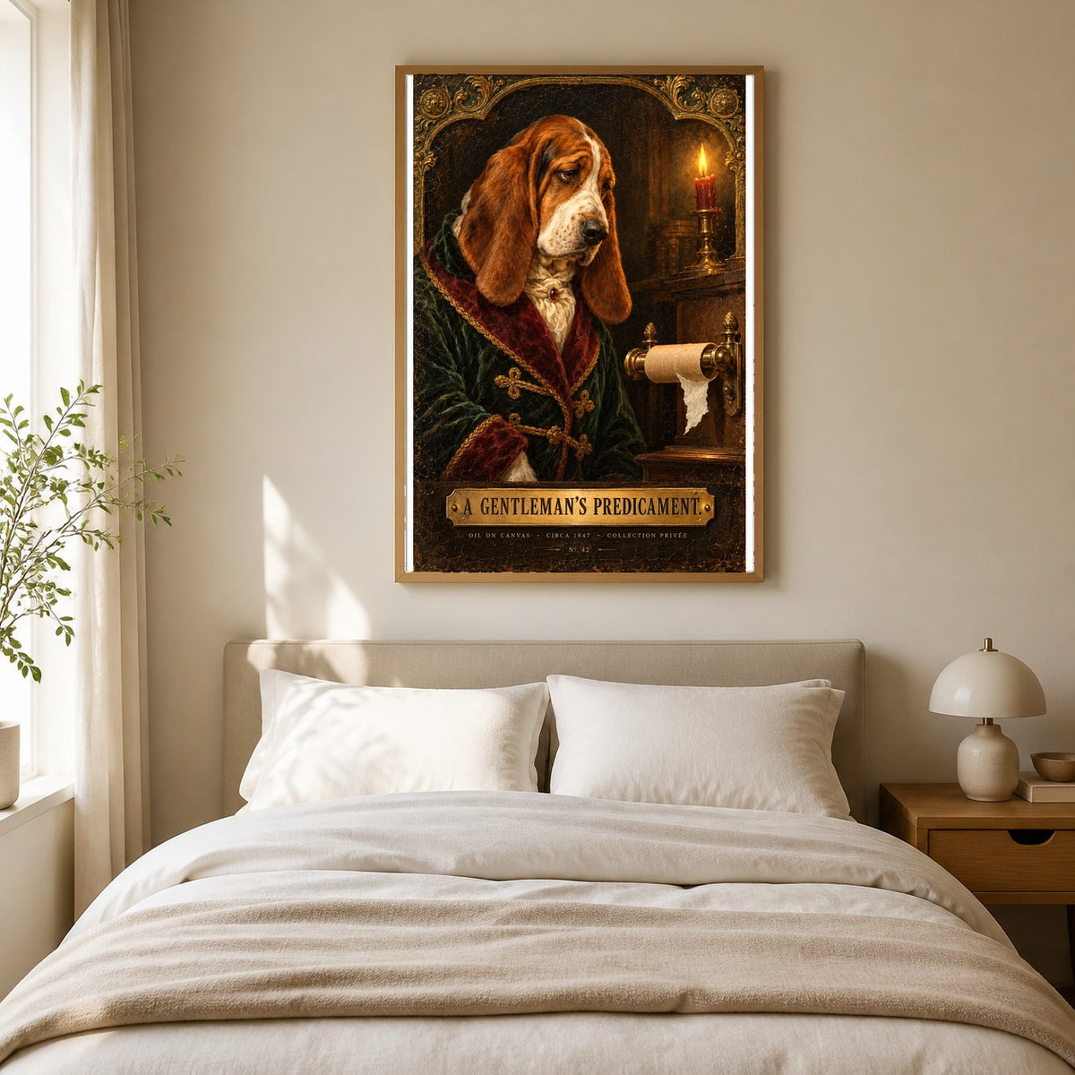 A Gentlemans Predicament Basset Hound Funny Bathroom Art Poster