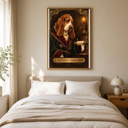 A Gentlemans Predicament Basset Hound Funny Bathroom Art Poster