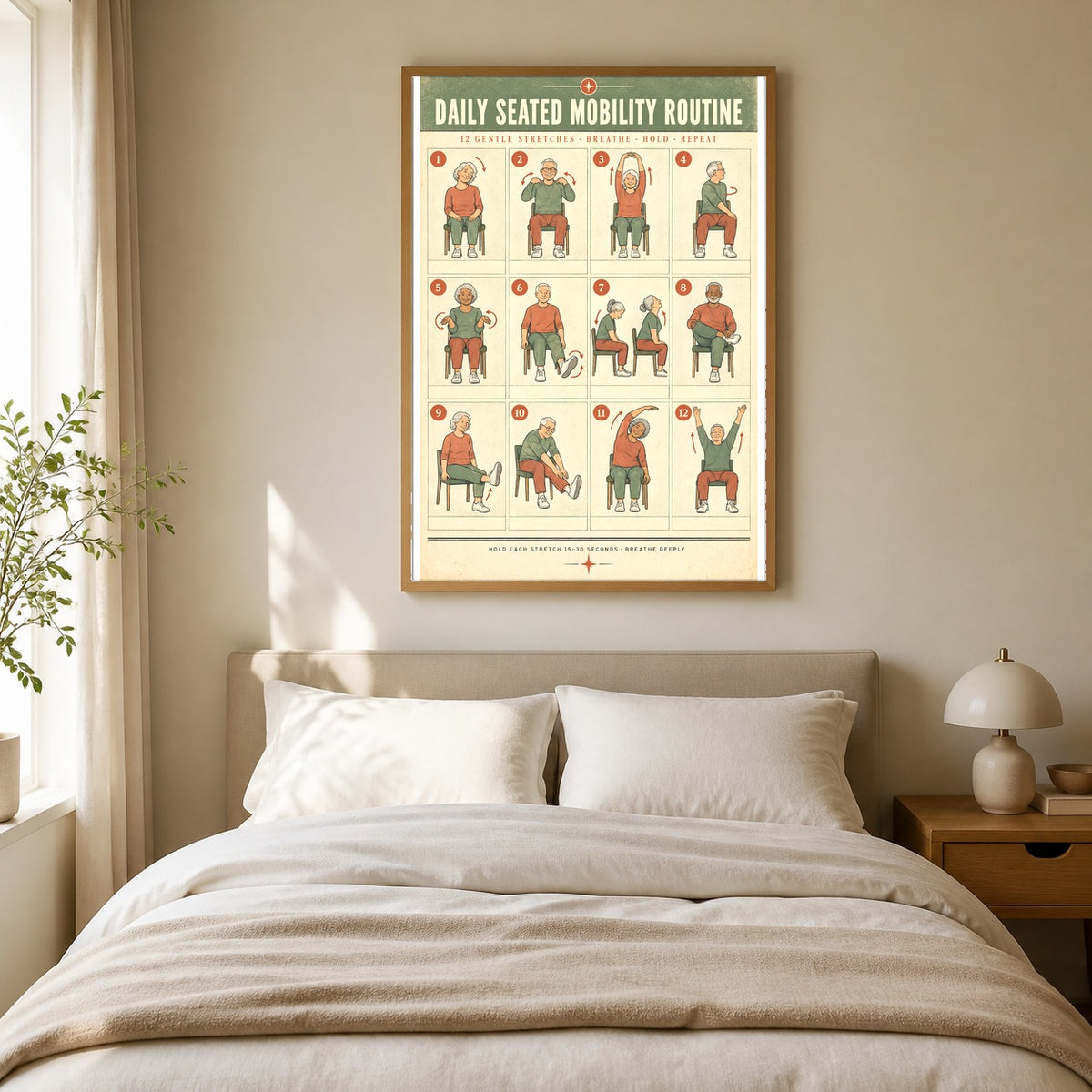 Daily Seated Mobility Routine Poster, Chair Exercise Art for Seniors