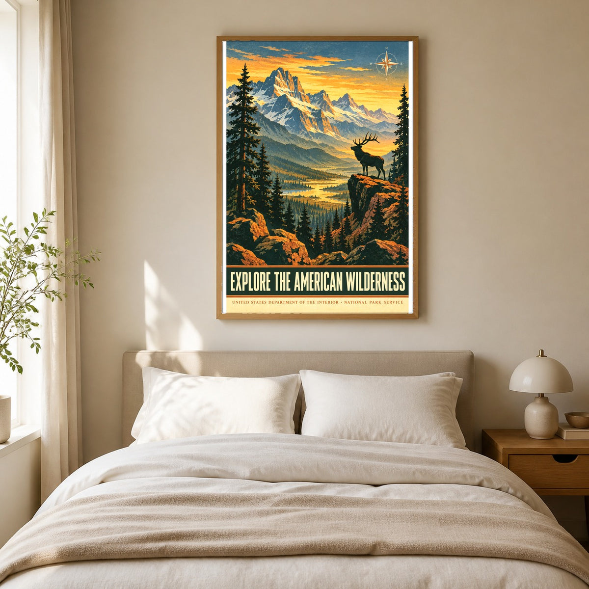 American Wilderness Vintage Travel Art Poster, National Park Elk Landscape
