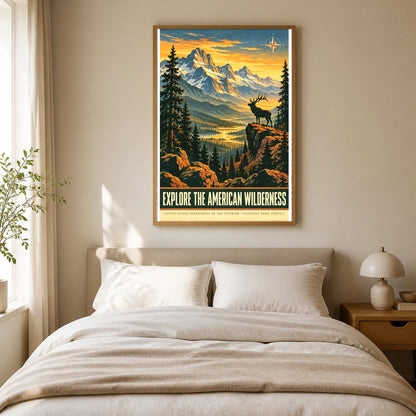 American Wilderness Vintage Travel Art Poster, National Park Elk Landscape