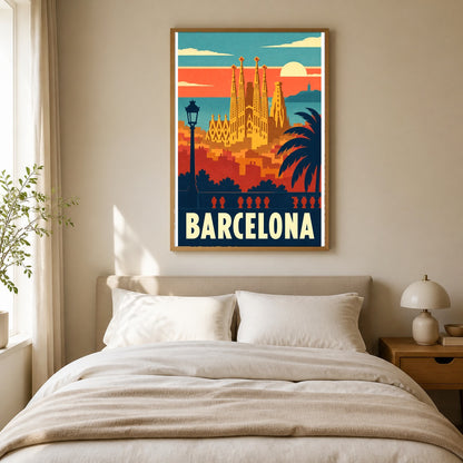 Barcelona Vintage Travel Poster, Spain Cityscape Art Print