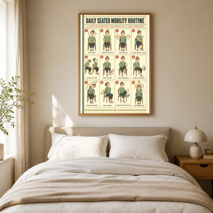 Seated Mobility Routine Chart Poster, Daily Chair Exercise Art