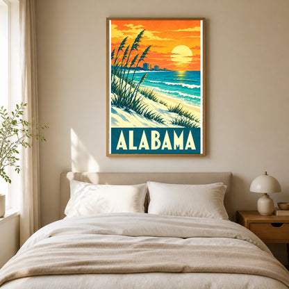 Alabama Vintage Beach Travel Poster, Retro Coastal Dunes Art Print