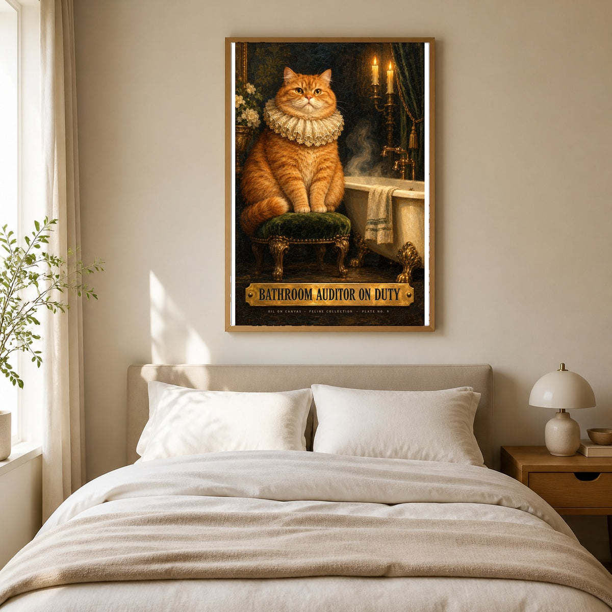Bathroom Auditor Cat Poster, Funny Victorian Oil Painting Wall Art