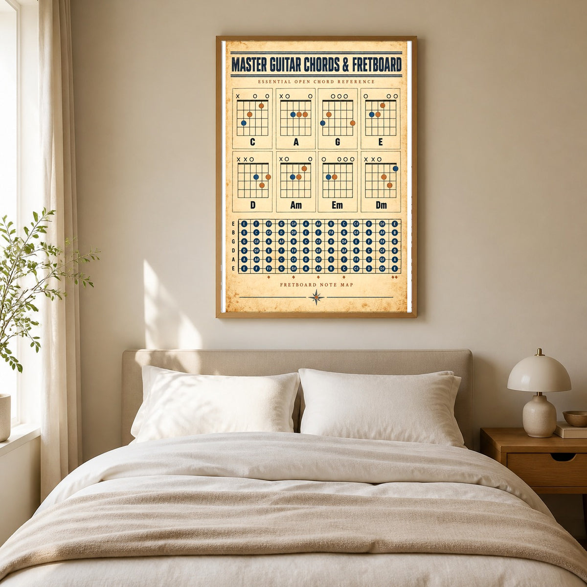 Guitar Chords and Fretboard Chart Poster, Music Reference Art