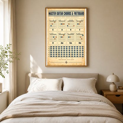 Guitar Chords and Fretboard Chart Poster, Music Reference Art