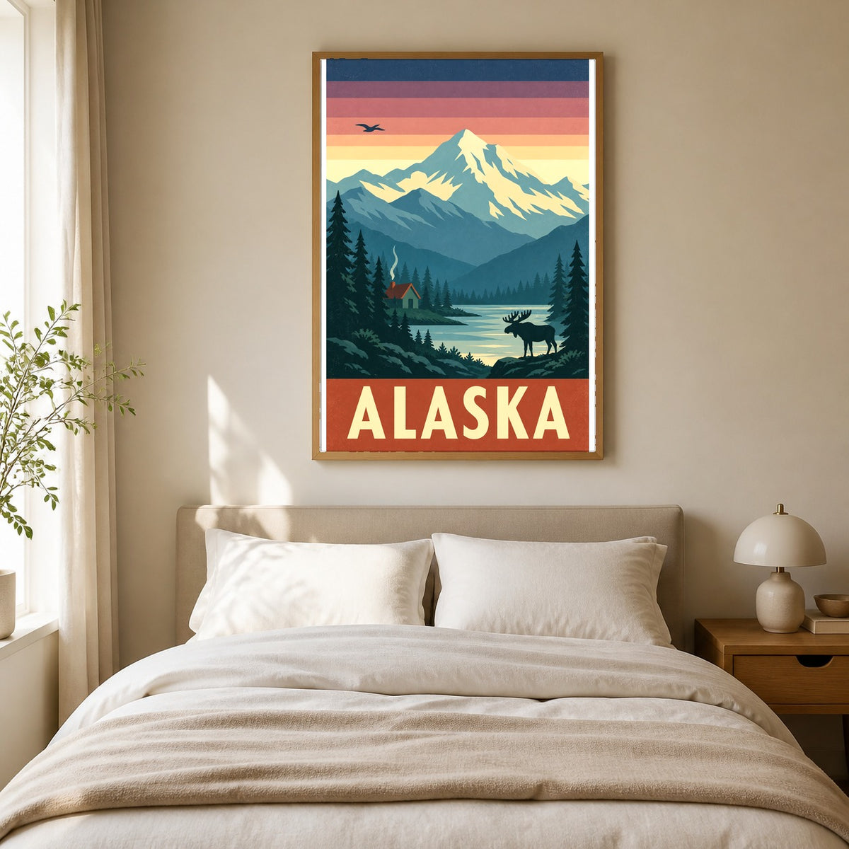 Alaska Vintage Travel Poster, Mountain and Moose Wilderness Wall Art