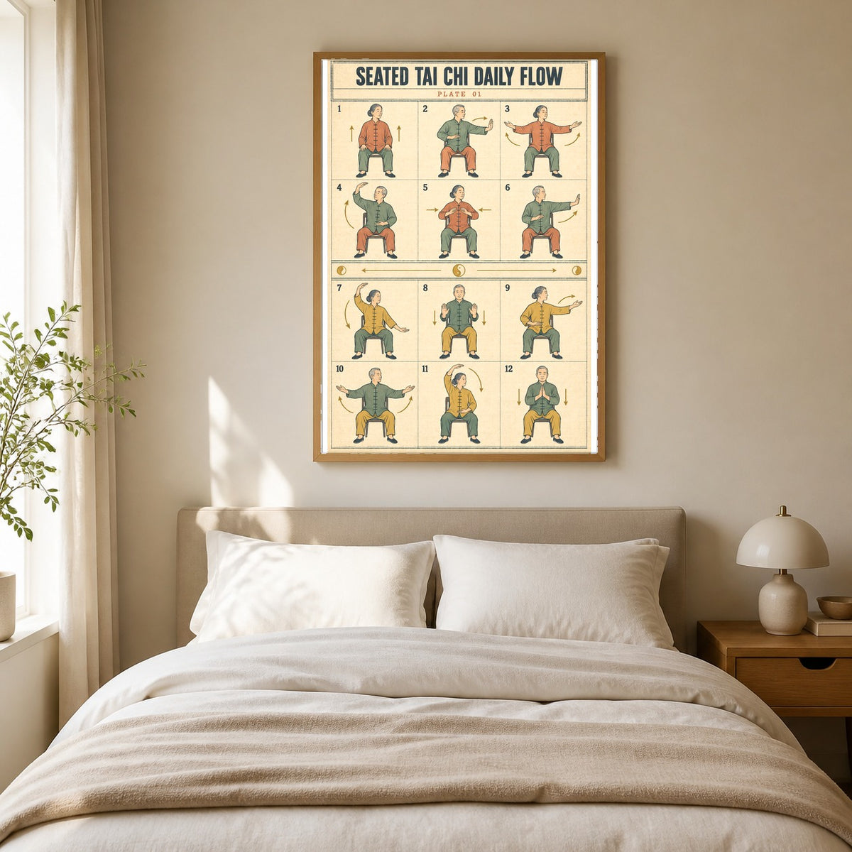 Seated Tai Chi Daily Flow Art Poster, Senior Mobility Guide